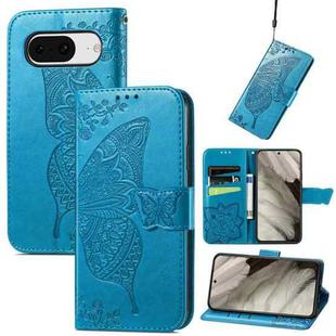 For Google Pixel 8 Butterfly Love Flower Embossed Leather Phone Case(Blue)