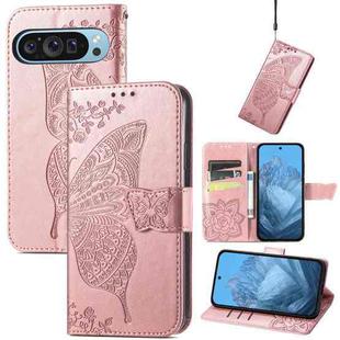 For Google Pixel 9 Butterfly Love Flower Embossed Leather Phone Case(Rose Gold)