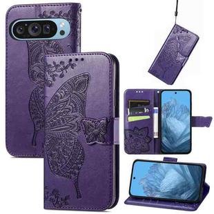 For Google Pixel 9 Butterfly Love Flower Embossed Leather Phone Case(Dark Purple)