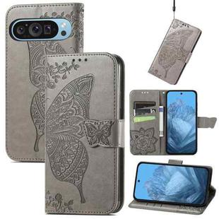 For Google Pixel 9 Butterfly Love Flower Embossed Leather Phone Case(Gray)