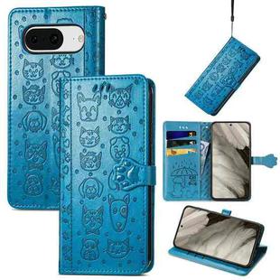 For Google Pixel 8 Cute Cat and Dog Embossed Leather Phone Case(Blue)