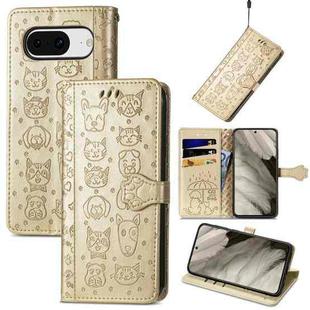 For Google Pixel 8 Cute Cat and Dog Embossed Leather Phone Case(Gold)