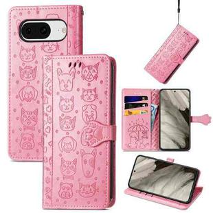 For Google Pixel 8 Cute Cat and Dog Embossed Leather Phone Case(Pink)