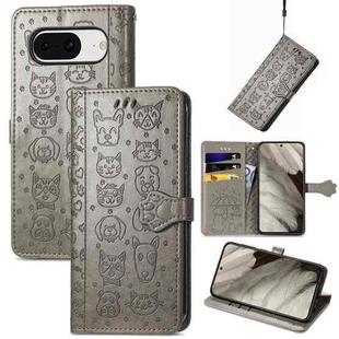 For Google Pixel 8 Cute Cat and Dog Embossed Leather Phone Case(Gray)