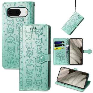 For Google Pixel 8 Cute Cat and Dog Embossed Leather Phone Case(Green)