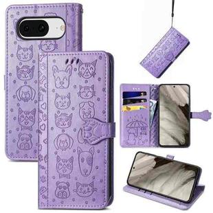 For Google Pixel 8 Cute Cat and Dog Embossed Leather Phone Case(Purple)