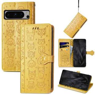 For Google Pixel 8 Pro Cute Cat and Dog Embossed Leather Phone Case(Gold)