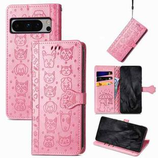 For Google Pixel 8 Pro Cute Cat and Dog Embossed Leather Phone Case(Pink)
