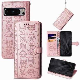 For Google Pixel 8 Pro Cute Cat and Dog Embossed Leather Phone Case(Rose Gold)