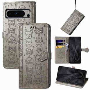 For Google Pixel 8 Pro Cute Cat and Dog Embossed Leather Phone Case(Gray)