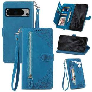 For Google Pixel 8 Pro Embossed Flower Zipper Leather Phone Case(Blue)