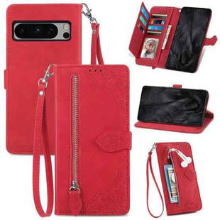 For Google Pixel 8 Pro Embossed Flower Zipper Leather Phone Case(Red)
