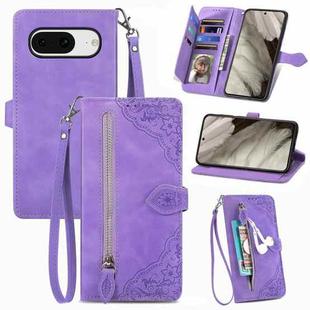 For Google Pixel 8 Embossed Flower Zipper Leather Phone Case(Purple)