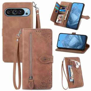 For Google Pixel 9 Pro Embossed Flower Zipper Leather Phone Case(Brown)