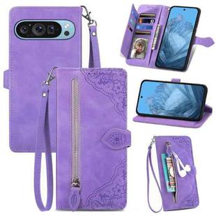 For Google Pixel 9 Pro Embossed Flower Zipper Leather Phone Case(Purple)