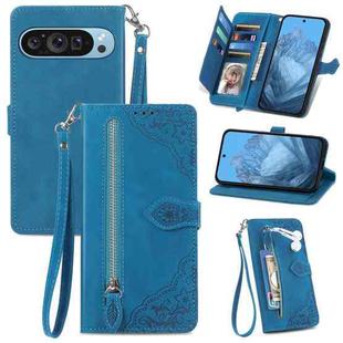 For Google Pixel 9 Embossed Flower Zipper Leather Phone Case(Blue)