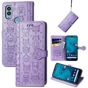 For Kyocera Android One S10 Cat and Dog Embossed Phone Leather Phone Case(Purple)