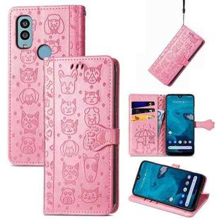 For Kyocera Android One S10 Cat and Dog Embossed Phone Leather Phone Case(Pink)