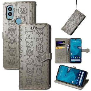 For Kyocera Android One S10 Cat and Dog Embossed Phone Leather Phone Case(Gray)