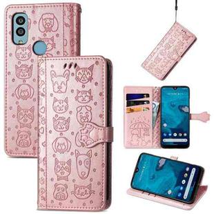 For Kyocera Android One S10 Cat and Dog Embossed Phone Leather Phone Case(Rose Gold)