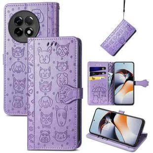 For OnePlus Ace 2 Cat and Dog Embossed Phone Leather Phone Case(Purple)