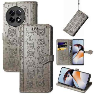For OnePlus Ace 2 Cat and Dog Embossed Phone Leather Phone Case(Gray)