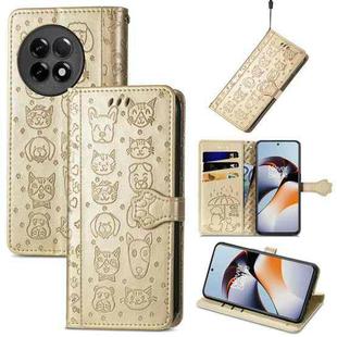 For OnePlus Ace 2 Cat and Dog Embossed Phone Leather Phone Case(Gold)