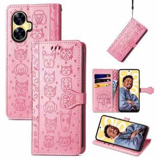 For Realme C55 Cat and Dog Embossed Phone Leather Phone Case(Pink)