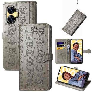 For Realme C55 Cat and Dog Embossed Phone Leather Phone Case(Gray)