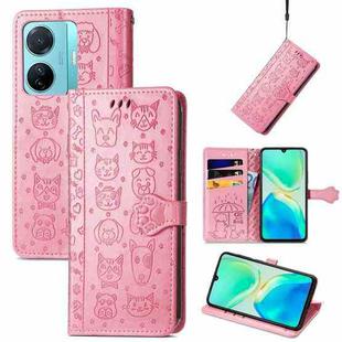 For vivo S15e Cat and Dog Embossed Phone Leather Phone Case(Pink)