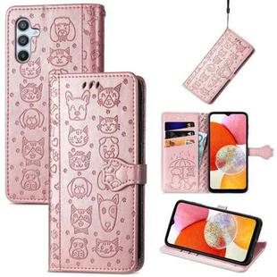 For Samsung Galaxy A14 4G Cat and Dog Embossed Phone Leather Phone Case(Rose Gold)