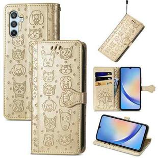 For Samsung Galaxy A34 5G Cat and Dog Embossed Phone Leather Phone Case(Gold)