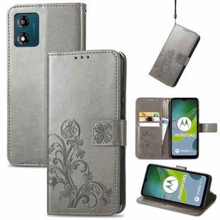 For Motorola Moto E13 Four-leaf Clasp Embossed Buckle Leather Phone Case(Gray)