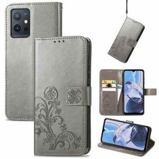 For Motorola Moto E22 4G Four-leaf Clasp Embossed Buckle Leather Phone Case(Gray)