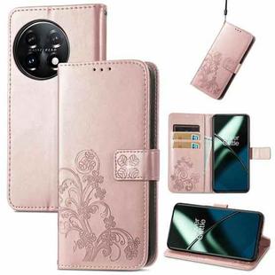 For OnePlus 11 Four-leaf Clasp Embossed Buckle Leather Phone Case(Rose Gold)