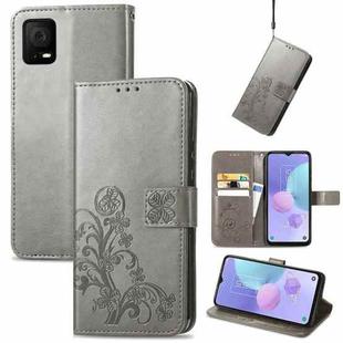 For TCL 405 Four-leaf Clasp Embossed Buckle Leather Phone Case(Gray)