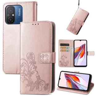For Xiaomi Redmi 12C Four-leaf Clasp Embossed Buckle Leather Phone Case(Rose Gold)