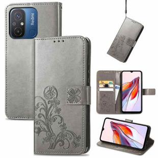 For Xiaomi Redmi 12C Four-leaf Clasp Embossed Buckle Leather Phone Case(Gray)