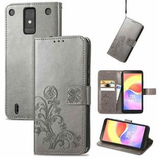 For ZTE Blade A32 Four-leaf Clasp Embossed Buckle Leather Phone Case(Gray)