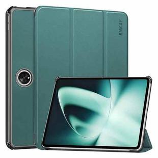 For OnePlus Pad / OPPO Pad 2 ENKAY Tri-fold Custer Texture Leather Stand Smart Case(Dark Green)