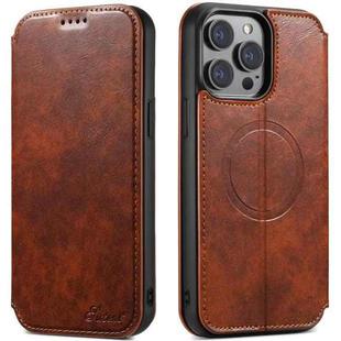 For iPhone 12 Pro Max Suteni J05 Leather Magnetic Magsafe Phone Case(Khaki)