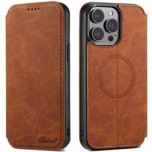 For iPhone 13 Suteni J06 Retro Matte Litchi Texture Leather Magnetic Magsafe Phone Case(Khaki)
