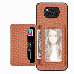 For Xiaomi Poco X3 NFC Carbon Fiber Magnetic Card Bag Phone Case(Brown)