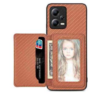 For Xiaomi Poco X5 Carbon Fiber Magnetic Card Bag Phone Case(Brown)