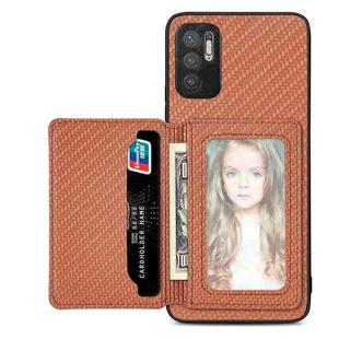 For Xiaomi Redmi Note 10 5G Carbon Fiber Magnetic Card Bag Phone Case(Brown)