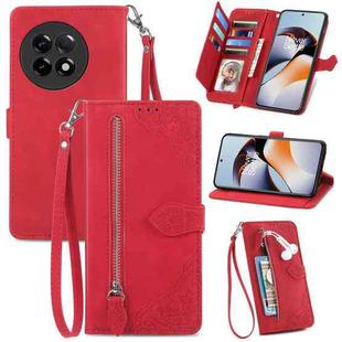 For OnePlus Ace 2 Embossed Flower Zipper Leather Phone Case(Red)