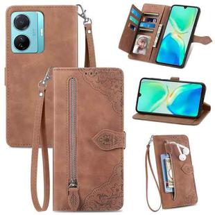 For vivo S15e Embossed Flower Zipper Leather Phone Case(Brown)