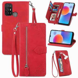 For ZTE Blade A52 Embossed Flower Zipper Leather Phone Case(Red)