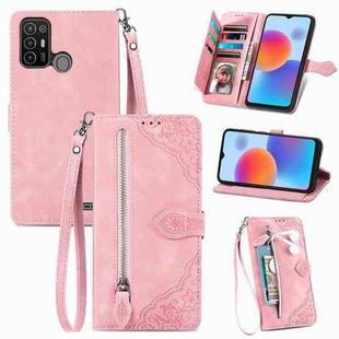 For ZTE Blade A52 Embossed Flower Zipper Leather Phone Case(Rose Gold)