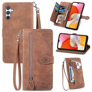 For Samsung Galaxy A14 4G Embossed Flower Zipper Leather Phone Case(Brown)